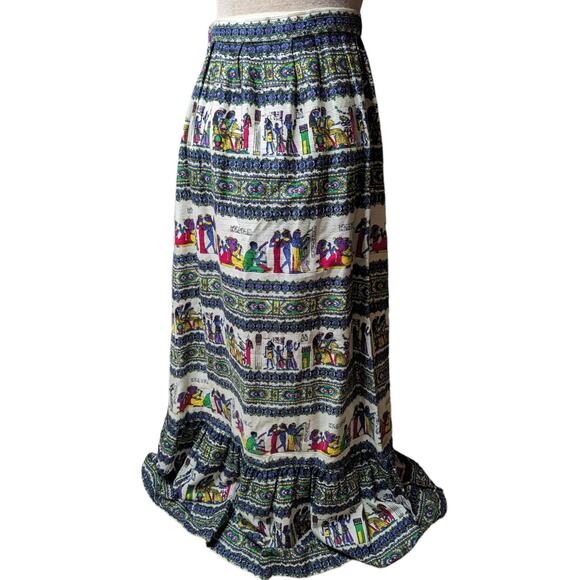 Vtg 1960s Miss Egypt Ivory Blue Colorful Egyptian Printed Barkcloth Maxi Skirt M - Picture 1 of 5